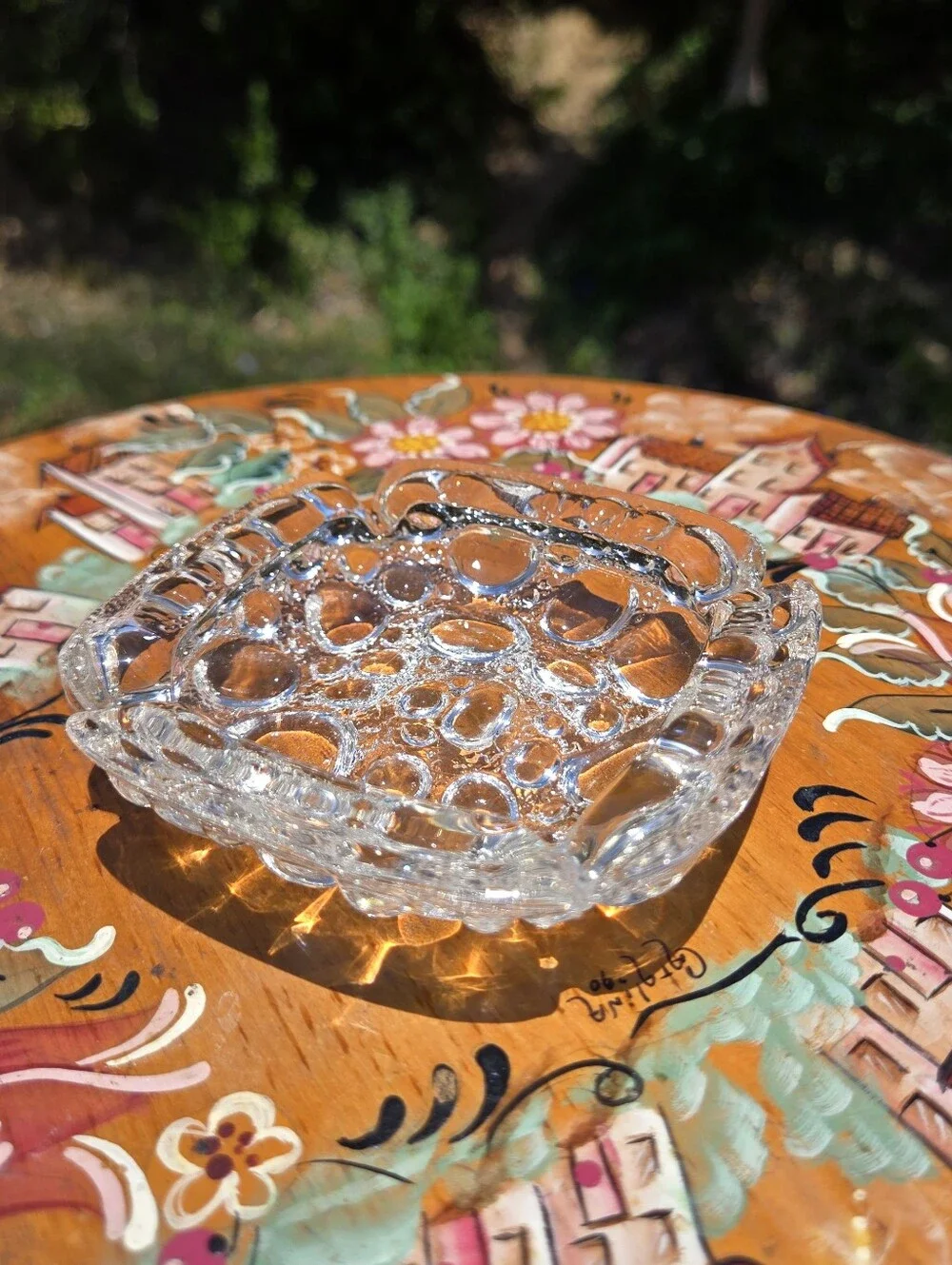 VTG Bubble Glass Ashtray Retro MCM 1960s Square Clear Glass Tray Raindrop